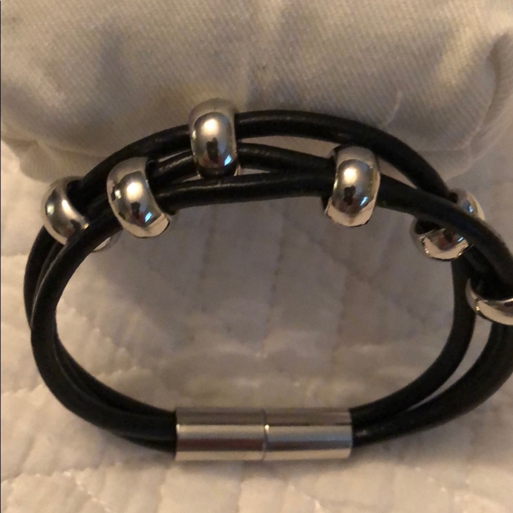 Black leather and silver bead bracelet